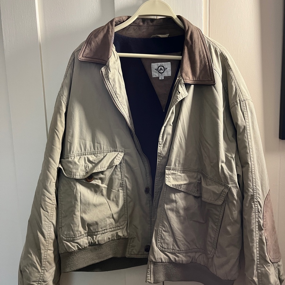 Men’s Aviator Light Olive Bomber Jacket with Brown Leather Contrast Collar